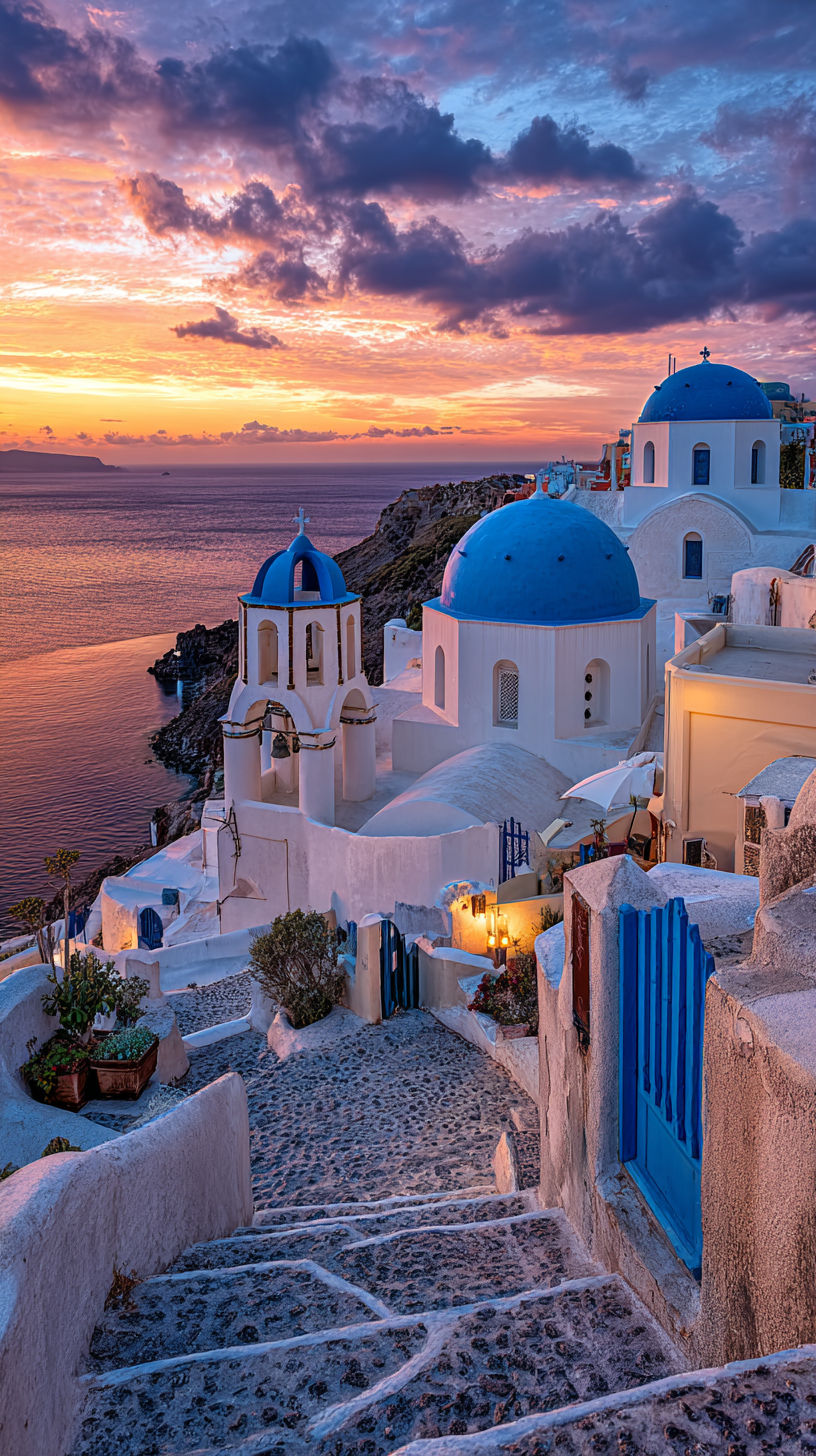 Whitewashed blue-domed church over the sea in the Cyclades at sunset