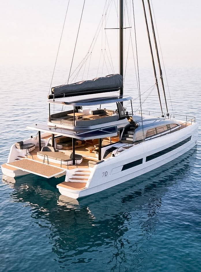 A modern catamaran at anchor