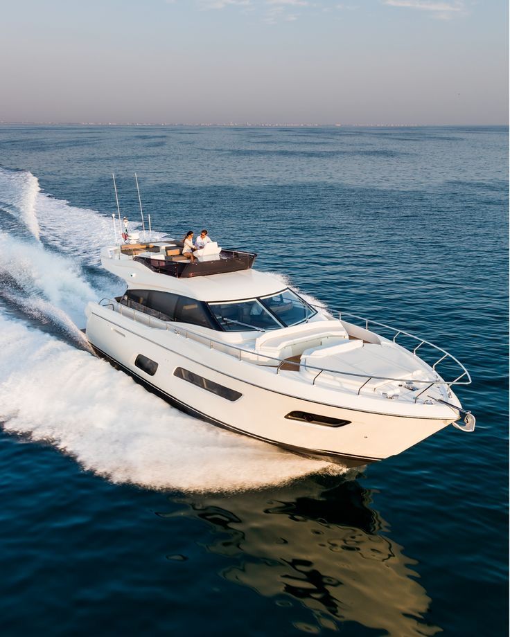 A motor yacht cruising at speed
